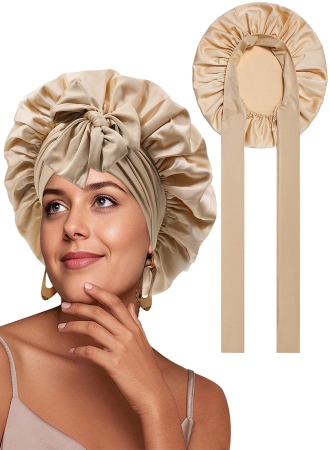 سي اتش ال اي انس اس قبعة نوم من الساتان للنساء، قبعة نوم حريرية للشعر المجعد، غطاء رأس برباط مطاطي، قبعة ليلية بلون الشمبانيا الفاتح - Image 1